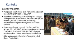 Konteks
INISIATIF PROGRAM:
• Pengajuan surat minat oleh Pemerintah Daerah
kepada KINERJA Nomor 0050/37.
• Nota Kerjasama dengan KINERJA pada tanggal
22 September 2011 Nomor 180/02/MOU/2011
dan 003/IX/2011/NAPO-MOU tentang
Pelaksanaan Program Kinerja di Kab. Bener
Meriah.
• Keputusan Bupati tanggal 28 Februari 2012
Nomor 59.1./55/SK/2012 tentang Pembentukan
Tim Teknis Program KINERJA-USAID dengan
leading sektor utama yaitu Dinas Pendidikan.
• Adanya anggaran Costshare/tambahan dari
Dinas Pendidikan.
 