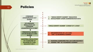 1. “SINGLE IDENTITY NUMBER” OBLIGATION
2. DEVELOPMENT CITIZEN ADMINISTRATION DATA
“SINGLE IDENTITY NUMBER” CONSIST OF 16 DIGIT
1. IMPLEMENTATION OF e-ID CARD
2. “AFIS” AS BIOMETRICS ELEMENT
1. NATIONAL GUIDELINES FOR e-ID CARD ISSUANCE
2. ADDING “IRIS” AS A BOMETRICS ELEMENT
Policies
Deddy S Bratakusumah - deddys@bappenas.go.id
10
 
