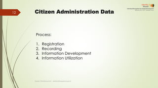 Citizen Administration Data
Process:
1. Registration
2. Recording
3. Information Development
4. Information Utilization
Deddy S Bratakusumah - deddys@bappenas.go.id
12
 