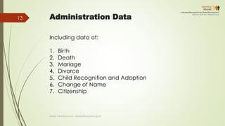 Administration Data
Including data of:
1. Birth
2. Death
3. Mariage
4. Divorce
5. Child Recognition and Adoption
6. Change of Name
7. Citizenship
Deddy S Bratakusumah - deddys@bappenas.go.id
13
 