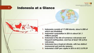 1. Indonesia consists of 17,508 islands, about 6,000 of
which are inhabited.
2. Indonesia’s population in 2016 is about 261,1
millions people
3. Indonesia is the site of numerous volcanoes and
frequent earthquakes, and has at least 150 active
volcanoes.
4. Indonesia has a tropical climate, with two distinct
monsoonal wet and dry seasons .
5. Indonesia’s GDP per capita in 2016 is US $ 3,570.29
Indonesia at a Glance
Deddy S Bratakusumah - deddys@bappenas.go.id
8
 