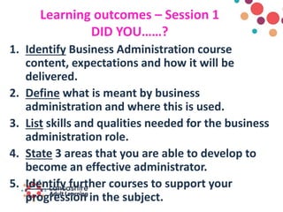 Learning outcomes – Session 1
DID YOU……?
1. Identify Business Administration course
content, expectations and how it will be
delivered.
2. Define what is meant by business
administration and where this is used.
3. List skills and qualities needed for the business
administration role.
4. State 3 areas that you are able to develop to
become an effective administrator.
5. Identify further courses to support your
progression in the subject.
 