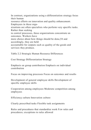 In contrast, organizations using a differentiation strategy focus
their human
resource efforts on innovation and quality enhancement.
Employees in these orga-
nizations are often specialists who perform very specific tasks.
Rather than seeking
to control processes, these organizations concentrate on
outcomes. Workers have
more choice about how things should be done,54 and
accordingly, they are held
accountable for outputs such as quality of the goods and
services they produce.
Table 2.2 Strategic Human Resource Differences
Cost Strategy Differentiation Strategy
Emphasis on group contribution Emphasis on individual
contribution
Focus on improving processes Focus on outcomes and results
Development of general employee skills Development of
specific employee skills
Cooperation among employees Moderate competition among
employees
Efficiency culture Innovation culture
Clearly prescribed tasks Flexible task assignments
Rules and procedures that standardize work Few rules and
procedures; exceptions to rules allowed
 
