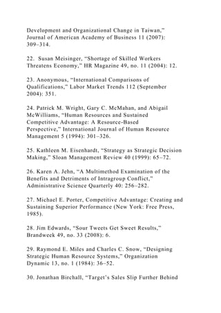 Development and Organizational Change in Taiwan,”
Journal of American Academy of Business 11 (2007):
309–314.
22. Susan Meisinger, “Shortage of Skilled Workers
Threatens Economy,” HR Magazine 49, no. 11 (2004): 12.
23. Anonymous, “International Comparisons of
Qualifications,” Labor Market Trends 112 (September
2004): 351.
24. Patrick M. Wright, Gary C. McMahan, and Abigail
McWilliams, “Human Resources and Sustained
Competitive Advantage: A Resource-Based
Perspective,” International Journal of Human Resource
Management 5 (1994): 301–326.
25. Kathleen M. Eisenhardt, “Strategy as Strategic Decision
Making,” Sloan Management Review 40 (1999): 65–72.
26. Karen A. Jehn, “A Multimethod Examination of the
Benefits and Detriments of Intragroup Conflict,”
Administrative Science Quarterly 40: 256–282.
27. Michael E. Porter, Competitive Advantage: Creating and
Sustaining Superior Performance (New York: Free Press,
1985).
28. Jim Edwards, “Sour Tweets Get Sweet Results,”
Brandweek 49, no. 33 (2008): 6.
29. Raymond E. Miles and Charles C. Snow, “Designing
Strategic Human Resource Systems,” Organization
Dynamic 13, no. 1 (1984): 36–52.
30. Jonathan Birchall, “Target’s Sales Slip Further Behind
 