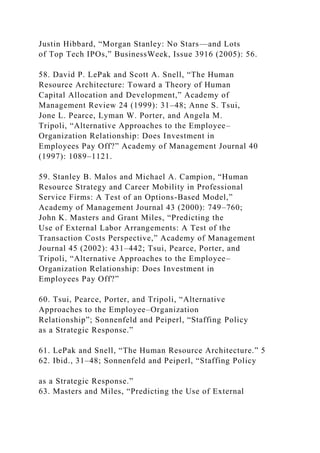 Justin Hibbard, “Morgan Stanley: No Stars—and Lots
of Top Tech IPOs,” BusinessWeek, Issue 3916 (2005): 56.
58. David P. LePak and Scott A. Snell, “The Human
Resource Architecture: Toward a Theory of Human
Capital Allocation and Development,” Academy of
Management Review 24 (1999): 31–48; Anne S. Tsui,
Jone L. Pearce, Lyman W. Porter, and Angela M.
Tripoli, “Alternative Approaches to the Employee–
Organization Relationship: Does Investment in
Employees Pay Off?” Academy of Management Journal 40
(1997): 1089–1121.
59. Stanley B. Malos and Michael A. Campion, “Human
Resource Strategy and Career Mobility in Professional
Service Firms: A Test of an Options-Based Model,”
Academy of Management Journal 43 (2000): 749–760;
John K. Masters and Grant Miles, “Predicting the
Use of External Labor Arrangements: A Test of the
Transaction Costs Perspective,” Academy of Management
Journal 45 (2002): 431–442; Tsui, Pearce, Porter, and
Tripoli, “Alternative Approaches to the Employee–
Organization Relationship: Does Investment in
Employees Pay Off?”
60. Tsui, Pearce, Porter, and Tripoli, “Alternative
Approaches to the Employee–Organization
Relationship”; Sonnenfeld and Peiperl, “Staffing Policy
as a Strategic Response.”
61. LePak and Snell, “The Human Resource Architecture.” 5
62. Ibid., 31–48; Sonnenfeld and Peiperl, “Staffing Policy
as a Strategic Response.”
63. Masters and Miles, “Predicting the Use of External
 