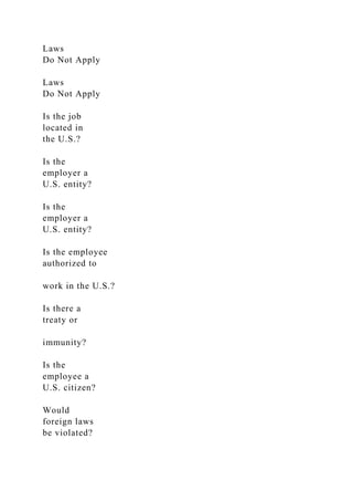 Laws
Do Not Apply
Laws
Do Not Apply
Is the job
located in
the U.S.?
Is the
employer a
U.S. entity?
Is the
employer a
U.S. entity?
Is the employee
authorized to
work in the U.S.?
Is there a
treaty or
immunity?
Is the
employee a
U.S. citizen?
Would
foreign laws
be violated?
 