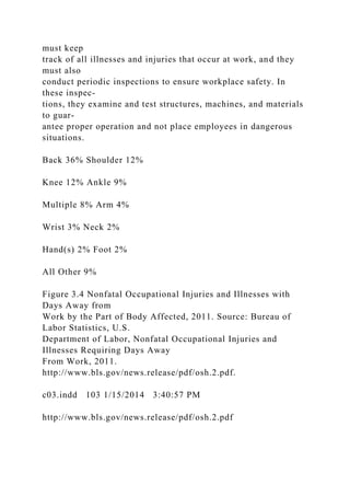 must keep
track of all illnesses and injuries that occur at work, and they
must also
conduct periodic inspections to ensure workplace safety. In
these inspec-
tions, they examine and test structures, machines, and materials
to guar-
antee proper operation and not place employees in dangerous
situations.
Back 36% Shoulder 12%
Knee 12% Ankle 9%
Multiple 8% Arm 4%
Wrist 3% Neck 2%
Hand(s) 2% Foot 2%
All Other 9%
Figure 3.4 Nonfatal Occupational Injuries and Illnesses with
Days Away from
Work by the Part of Body Affected, 2011. Source: Bureau of
Labor Statistics, U.S.
Department of Labor, Nonfatal Occupational Injuries and
Illnesses Requiring Days Away
From Work, 2011.
http://www.bls.gov/news.release/pdf/osh.2.pdf.
c03.indd 103 1/15/2014 3:40:57 PM
http://www.bls.gov/news.release/pdf/osh.2.pdf
 