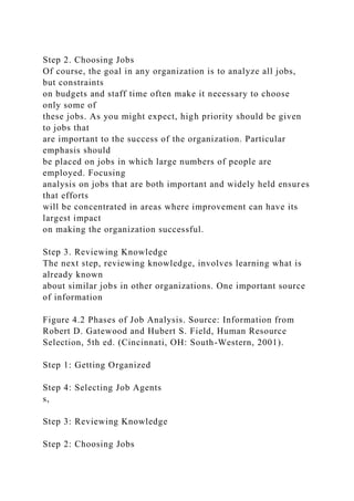 Step 2. Choosing Jobs
Of course, the goal in any organization is to analyze all jobs,
but constraints
on budgets and staff time often make it necessary to choose
only some of
these jobs. As you might expect, high priority should be given
to jobs that
are important to the success of the organization. Particular
emphasis should
be placed on jobs in which large numbers of people are
employed. Focusing
analysis on jobs that are both important and widely held ensures
that efforts
will be concentrated in areas where improvement can have its
largest impact
on making the organization successful.
Step 3. Reviewing Knowledge
The next step, reviewing knowledge, involves learning what is
already known
about similar jobs in other organizations. One important source
of information
Figure 4.2 Phases of Job Analysis. Source: Information from
Robert D. Gatewood and Hubert S. Field, Human Resource
Selection, 5th ed. (Cincinnati, OH: South-Western, 2001).
Step 1: Getting Organized
Step 4: Selecting Job Agents
s,
Step 3: Reviewing Knowledge
Step 2: Choosing Jobs
 