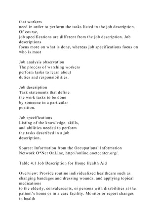 that workers
need in order to perform the tasks listed in the job description.
Of course,
job specifications are different from the job description. Job
descriptions
focus more on what is done, whereas job specifications focus on
who is most
Job analysis observation
The process of watching workers
perform tasks to learn about
duties and responsibilities.
Job description
Task statements that define
the work tasks to be done
by someone in a particular
position.
Job specifications
Listing of the knowledge, skills,
and abilities needed to perform
the tasks described in a job
description.
Source: Information from the Occupational Information
Network O*Net OnLine, http://online.onetcenter.org/.
Table 4.1 Job Description for Home Health Aid
Overview: Provide routine individualized healthcare such as
changing bandages and dressing wounds, and applying topical
medications
to the elderly, convalescents, or persons with disabilities at the
patient’s home or in a care facility. Monitor or report changes
in health
 