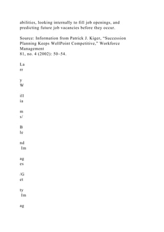 abilities, looking internally to fill job openings, and
predicting future job vacancies before they occur.
Source: Information from Patrick J. Kiger, “Succession
Planning Keeps WellPoint Competitive,” Workforce
Management
81, no. 4 (2002): 50–54.
La
rr
y
W
ill
ia
m
s/
B
le
nd
Im
ag
es
/G
et
ty
Im
ag
 