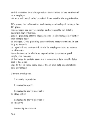 and the number available provides an estimate of the number of
new employ-
ees who will need to be recruited from outside the organization.
Of course, the information and strategies developed through the
HR plan-
ning process are only estimates and are usually not totally
accurate. Nevertheless,
careful planning allows organizations to act strategically rather
than simply react
to changes. Good planning can eliminate many surprises. It can
help to smooth
out upward and downward trends in employee count to reduce
or eliminate
those instances in which an organization terminates good
employees because
of low need in certain areas only to realize a few months later
that it has open-
ings to fill in those same areas. It can also help organizations
take advantage
Current employees
Currently in position
Expected to quit2
Expected to move internally
to other jobs2
Expected to move internally
to this job2
Internally available3
500
 