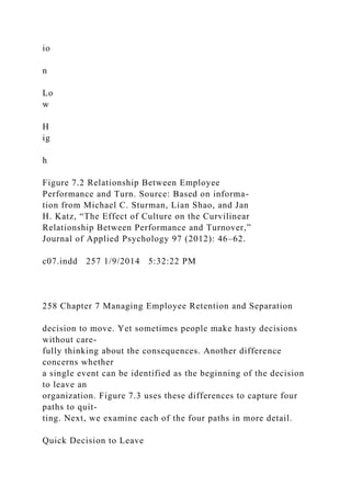 io
n
Lo
w
H
ig
h
Figure 7.2 Relationship Between Employee
Performance and Turn. Source: Based on informa-
tion from Michael C. Sturman, Lian Shao, and Jan
H. Katz, “The Effect of Culture on the Curvilinear
Relationship Between Performance and Turnover,”
Journal of Applied Psychology 97 (2012): 46–62.
c07.indd 257 1/9/2014 5:32:22 PM
258 Chapter 7 Managing Employee Retention and Separation
decision to move. Yet sometimes people make hasty decisions
without care-
fully thinking about the consequences. Another difference
concerns whether
a single event can be identified as the beginning of the decision
to leave an
organization. Figure 7.3 uses these differences to capture four
paths to quit-
ting. Next, we examine each of the four paths in more detail.
Quick Decision to Leave
 