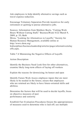Ask employees to help identify alternative savings such as
travel expense reduction.
Encourage Voluntary Separation Provide incentives for early
retirement or quitting to pursue alternative jobs.
Sources: Information from Matthew Boyle, “Cutting Work
Hours Without Cutting Staff,” BusinessWeek 4122 March 9,
2009, p. 55; Beth
Mirza, “Looking for Alternatives to Layoffs,” Society for
Human Resource Management, available online at
http://www.shrm.org/
hrdisciplines/businessleadership/articles/pages/alternativestolay
offs.aspx.
Table 7.4 Minimizing the Negative Effects of Layoffs
Action Description
Identify the Business Need Look first for other alternatives,
examine likely long-term effects of laying off workers
Explain the reasons for downsizing; be honest and open
Identify Future Work Assess employee inputs that are most
likely to be needed in the future; ensure that employees
who are retained are likely to have future-oriented skills and
abilities
Determine the factors that will be used to decide layoffs; focus
on objective measures of past
performance and seniority
Establish Fair Evaluation Procedures Ensure the appropriateness
of measures used to determine who is laid off; use multiple
 