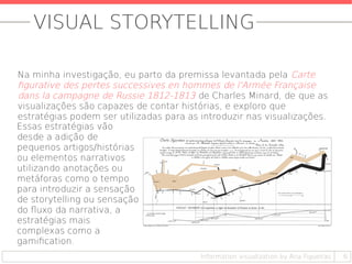 VISUAL STORYTELLING
Na minha investigação, eu parto da premissa levantada pela Carte
figurative des pertes successives en hommes de l'Armée Française
dans la campagne de Russie 1812-1813 de Charles Minard, de que as
visualizações são capazes de contar histórias, e exploro que
estratégias podem ser utilizadas para as introduzir nas visualizações.
6Information visualization by Ana Figueiras
Essas estratégias vão
desde a adição de
pequenos artigos/histórias
ou elementos narrativos
utilizando anotações ou
metáforas como o tempo
para introduzir a sensação
de storytelling ou sensação
do fluxo da narrativa, a
estratégias mais
complexas como a
gamification.
 