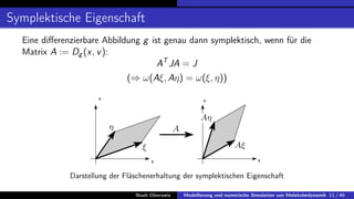 Symplektische Eigenschaft
Eine differenzierbare Abbildung g ist genau dann symplektisch, wenn für die
Matrix A := Dg (x, v):
AT
JA = J
(⇒ ω(Aξ, Aη) = ω(ξ, η))
Darstellung der Fläschenerhaltung der symplektischen Eigenschaft
Noah Oberweis Modellierung und numerische Simulation von Molekulardynamik 11 / 46
 