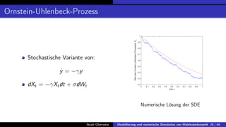 Ornstein-Uhlenbeck-Prozess
Stochastische Variante von:
ẏ = −γy
dXt = −γXtdt + σdWt 0 0.1 0.2 0.3 0.4 0.5 0.6 0.7 0.8 0.9 1
Zeit: t
0.2
0.3
0.4
0.5
0.6
0.7
0.8
0.9
1
Wert
des
Ornstein-Uhlenbeck-Prozesses:
Xt
Numerische Lösung der SDE
Noah Oberweis Modellierung und numerische Simulation von Molekulardynamik 26 / 46
 