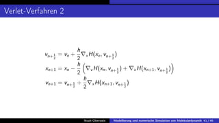Verlet-Verfahren 2
vn+1
2
= vn +
h
2
∇xH(xn, vn+1
2
)
xn+1 = xn −
h
2

∇v H(xn, vn+1
2
) + ∇v H(xn+1, vn+1
2
)

vn+1 = vn+1
2
+
h
2
∇xH(xn+1, vn+1
2
)
Noah Oberweis Modellierung und numerische Simulation von Molekulardynamik 41 / 46
 