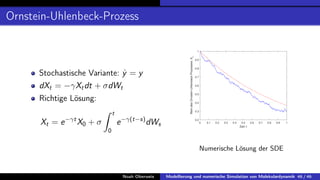 Ornstein-Uhlenbeck-Prozess
Stochastische Variante: ẏ = y
dXt = −γXtdt + σdWt
Richtige Lösung:
Xt = e−γt
X0 + σ
Z t
0
e−γ(t−s)
dWs 0 0.1 0.2 0.3 0.4 0.5 0.6 0.7 0.8 0.9 1
Zeit: t
0.2
0.3
0.4
0.5
0.6
0.7
0.8
0.9
1
Wert
des
Ornstein-Uhlenbeck-Prozesses:
Xt
Numerische Lösung der SDE
Noah Oberweis Modellierung und numerische Simulation von Molekulardynamik 46 / 46
 