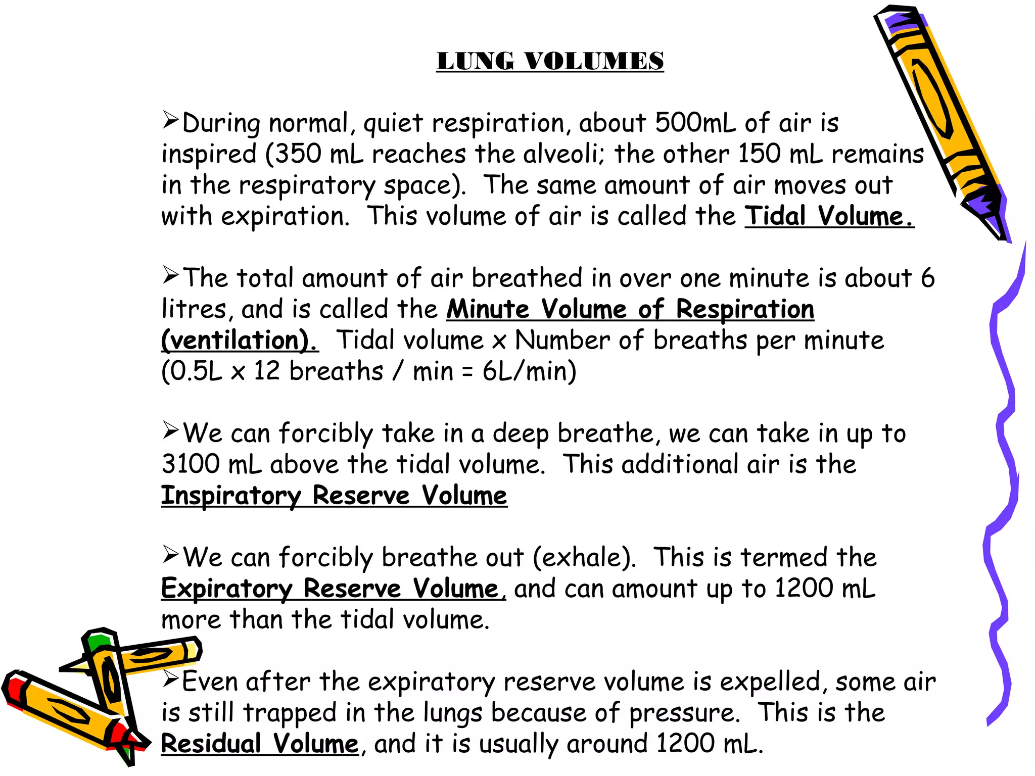 LUNG VOLUMES
During normal, quiet respiration, about 500mL of air is
inspired (350 mL reaches the alveoli; the other 150 mL remains
in the respiratory space). The same amount of air moves out
with expiration. This volume of air is called the Tidal Volume.
The total amount of air breathed in over one minute is about 6
litres, and is called the Minute Volume of Respiration
(ventilation). Tidal volume x Number of breaths per minute
(0.5L x 12 breaths / min = 6L/min)
We can forcibly take in a deep breathe, we can take in up to
3100 mL above the tidal volume. This additional air is the
Inspiratory Reserve Volume
We can forcibly breathe out (exhale). This is termed the
Expiratory Reserve Volume, and can amount up to 1200 mL
more than the tidal volume.
Even after the expiratory reserve volume is expelled, some air
is still trapped in the lungs because of pressure. This is the
Residual Volume, and it is usually around 1200 mL.
 