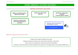 Comune di Reggio Emilia                                                                                                                                                                                                                                                                                                  Bilancio Ambientale Previsione 2013



                                                                                             VERDE URBANO E SISTEMI NATURALI 
                                                                                                                                                                                                                                                                                                                                                                
                                                                                                                                                                                                                                                                                                                                                                
                                                                                                                           IMPEGNI STRATEGICI 2010‐2014 


                               Migliorare la qualità dei parchi e                                                                               Realizzare una cintura verde                                                                                   Riqualificare, salvaguardare e 
                                   degli spazi verdi fruibili                                                                                            della città                                                                                                      valorizzare  
                                                                                                                                                                                                                                                              il territorio agricolo e naturale 



                                   Continuare a realizzare aree e 
                                   percorsi verdi favorendone le 
                                            connessioni                                                                                                                                                          Realizzare nuove aree destinate al 
                                                                                                                                                                                                                 verde pubblico e a boschi …..

                                                                                                                                                                                                                            2. Una città più verde ……… 




Obiettivi specifici prioritari 2013
 
 
 
                                                                                                                          Proseguire nello sviluppo del progetto Cintura Verde 
                                                                                      Sviluppare il programma di rigenerazione urbana del Parco del Rodano – Acque Chiare 
                                                                                                                                     
                                                                                           Avviare il percorso di riqualificazione e valorizzazione del Parco del Modolena 
                                    Completare il sistema informativo territoriale di programmazione, gestione e monitoraggio relativo al verde pubblico (GDWH verde ) 




                                                                                                                                                                            13
 