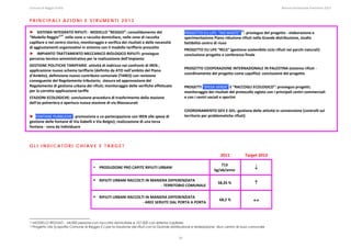Comune di Reggio Emilia                                                                                                                                                                                                                                                                                                  Bilancio Ambientale Previsione 2013


PRINCIPALI AZIONI E STRUMENTI 2013

► SISTEMA INTEGRATO RIFIUTI ‐ MODELLO “REGGIO”: consolidamento del                                                                                                                PROGETTO EU LIFE  “NO WASTE” 15: prosieguo del progetto ‐ elaborazione e 
“Modello Reggio”14  nelle zone a raccolta domiciliare, nelle zone di raccolta                                                                                                     sperimentazione Piano riduzione rifiuti nella Grande distribuzione, studio 
capillare e nel centro storico; monitoraggio e verifica dei risultati e delle necessità                                                                                           fattibilità centro di riuso 
di aggiustamenti organizzativi in sintonia con il modello tariffario prescelto 
                                                                                                                                                                                  PROGETTO EU LIFE “RELS” (gestione sostenibile ciclo rifiuti nei parchi naturali): 
► IMPIANTO TRATTAMENTO MECCANICO BIOLOGICO RIFIUTI: prosieguo                                                                                                                     conclusione progetto e conferenza finale  
percorso tecnico‐amministrativo per la realizzazione dell’impianto  
                                                                                                                                                                                   
GESTIONE POLITICHE TARIFFARIE: attività di indirizzo nei confronti di IREN ; 
                                                                                                                                                                                  PROGETTO COOPERAZIONE INTERNAZIONALE IN PALESTINA (sistema rifiuti ‐ 
applicazione nuovo schema tariffario (definito da ATO nell’ambito del Piano 
                                                                                                                                                                                  coordinamento del progetto come capofila): conclusione del progetto 
d’Ambito), definizione nuovo contributo comunale (TARES) con revisione 
conseguente del Regolamento tributario;  stesura ed approvazione del                                                                                                               
Regolamento di gestione urbana dei rifiuti; monitoraggio delle verifiche effettuate                                                                                               PROGETTI “SPESA VERDE” E “RACCOGLI ECOLOGICO”: prosieguo progetti; 
per la corretta applicazione tariffe                                                                                                                                              monitoraggio dei risultati del protocollo siglato con i principali centri commerciali 
STAZIONI ECOLOGICHE: conclusione procedura di trasferimento della stazione                                                                                                        e con i centri sociali e sportivi  
dell’ex polveriera e apertura nuova stazione di via Mazzacurati                                                                                                                    
                                                                                                                                                                                  COORDINAMENTO GEV E GEL: gestione delle attività in convenzione (controlli sul 
► FONTANE PUBBLICHE : promozione e co‐partecipazione con IREN alle spese di                                                                                                       territorio per problematiche rifiuti) 
gestione delle fontane di Via Gabelli e Via Belgio); realizzazione di una terza                                                                                                    
fontana ‐ zona da individuare 
 
 
GLI INDICATORI CHIAVE E TARGET

                                                                                                                                                                                                                            2011                        Target 2013 

                                                                                                                                                                                                                         713 
                                                                                PRODUZIONE PRO CAPITE RIFIUTI URBANI 
                                                                                                                                                                                                                     kg/ab/anno                                    ↓ 

                                                                                RIFIUTI URBANI RACCOLTI IN MANIERA DIFFERENZIATA  
                                                                                                                ‐ TERRITORIO COMUNALE 
                                                                                                                                                                                                                         58,35 %                                   ↑ 

                                                                                RIFIUTI URBANI RACCOLTI IN MANIERA DIFFERENZIATA  
                                                                                                      ‐ AREE SERVITE DAL PORTA A PORTA 
                                                                                                                                                                                                                           68,2 %                                 ↔ 



14   MODELLO REGGIO : 64.000 persone con raccolta domiciliare e 107.000 con sistema capillare
15   Progetto Life (capofila Comune di Reggio E.) per la riduzione dei rifiuti con la Grande distribuzione e realizzazione diun centro di riuso comunale


                                                                                                                                                                            26
 