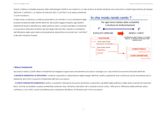 Comune di Reggio Emilia                                                                                                                                                                                                                                                                                                  Bilancio Ambientale Previsione 2013


Quindi, il sistema contabile proposto dalla metodologia CLEAR è una matrice in cui alla struttura di rendicontazione sono associati e correlati logicamente gli impegni
dell’ente (“ politiche”), un sistema di indicatori fisici (“conti fisici”) e le spese ambientali
(“conti monetari”).

In tale modo si costruisce un sistema parametrico di controllo in cui la valutazione delle
                                                                                                                                                                                                In che modo rendo conto ?
ricadute ambientali delle attività dell’Ente, dei risultati raggiunti rispetto agli obiettivi                                                                                                                              Per ogni tema trattato dalla contabilità
inizialmente fissati e dell’efficacia delle politiche–azioni, avviene (nei Bilanci Ambientali                                                                                                                                  ( struttura di rendicontazione)
a consuntivo) attraverso la lettura dei dati degli indicatori fisici, mentre la valutazione                                                                                                                       1°                                                                                                  2°
dell’efficienza delle azioni deriva principalmente dalla lettura incrociata dei “conti fisici”
e dei dati monetari di spesa.


 

 

 

 

I Bilanci Ambientali  
Secondo il medico CLEAR i Bilanci Ambientali da redigere e approvare annualmente sono due in analogia con i documenti di economici-finanziari dell’Ente.

‐Il BILANCIO AMBIENTALE DI PREVISIONE, contiene a preventivo l’esplicitazione degli impegni dell’Ente, politici e gestionali; esso costituisce il punto di partenza per la
redazione del Conto Consuntivo Ambientale dell’anno successivo.

 ‐ Il CONTO CONSUNTIVO AMBIENTALE verifica a posteriori l’attuazione di quanto dichiarato a preventivo, gli effetti delle politiche e delle azioni (valutati da indicatori
fisici), nonché, se possibile, la spesa ambientale sostenuta. Esso, fornendo indicazioni utili a valutare il lavoro svolto, l’efficacia e l’efficienza delle politiche–azioni,
costituisce, a sua volta, il punto di partenza per la redazione dei Bilanci di Previsione per l’anno successivo.




                                                                                                                                                                             7
 