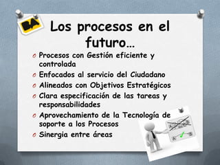Los procesos en el
            futuro…
O Procesos con Gestión eficiente y
    controlada
O   Enfocados al servicio del Ciudadano
O   Alineados con Objetivos Estratégicos
O   Clara especificación de las tareas y
    responsabilidades
O   Aprovechamiento de la Tecnología de
    soporte a los Procesos
O   Sinergia entre áreas
 