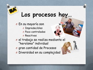 Los procesos hoy…
O En su mayoría son
     O Impredecibles
     O Poco controlados
     O Reactivos
O el trabajo se realiza mediante el
  “heroísmo” individual
O gran cantidad de Procesos
O Diversidad en su complejidad
 