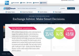 Amex OpenForum - www.openforum.com

audience value:
With a brilliant design and story writers who know how to
engage their audience, this site is only let down by a
relative lack of variety in content. The standard post
format is attractive and simple, but posts don't often move
much outside of this template. This leads to quite a lot of
unbroken text in content that is clearly meant to be quick
to consume and easily shareable. That said, when it gets it
right, it really gets it right - as with a lot of the ‘Women in
Business’ section, which seems to have struck a chord
with the audience.
www.bynd.com

@Beyond

brand value:

total score:

35/45 14/15 49/60

35

 
