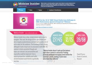 Midsize Insider - www.midsizeinsider.com

audience value:

brand value:

Midsize Insider has a clear, simple design and is easy to
navigate. That said, the design of both the content and
site is largely unadventurous and does not provide a lot of
extra value for the audience. The branding is fairly strong,
although it lacks visual cues to associate it with IBM. The
content is fairly consistent though and
“Midsize Insider doesn't quite get the balance
topics are relevant, but presentation and
right where content is concerned. Pushing
originality could be improved. From a
products and brand messaging comes before the
search perspective, visibility and traffic
audience's needs, making it seem more
via non-branded search terms is generally
advertorial than editorial.”
very low.

total score:

27/45 12/15 39/60

www.bynd.com

@Beyond

David Preece,
Head of Content,
Beyond
44

 