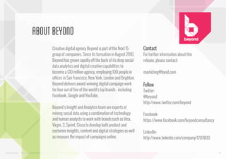 about beyond
Creative digital agency Beyond is part of the Next 15
group of companies. Since its formation in August 2010,
Beyond has grown rapidly off the back of its deep social
data analytics and digital creative capabilities to
become a $10 million agency, employing 100 people in
offices in San Francisco, New York, London and Brighton.
Beyond delivers award-winning digital campaign work
for four out of five of the world's top brands - including
Facebook, Google and YouTube.
Beyond’s Insight and Analytics team are experts at
mining social data using a combination of technology
and human analysts to work with brands such as Visa,
Virgin, 3, Sprint, Cisco to develop both product and
customer insights, content and digital strategies as well
as measure the impact of campaigns online.

www.bynd.com

@Beyond

Contact
For further information about this
release, please contact:
marketing@bynd.com

Follow
Twitter:
@beyond
http://www.twitter.com/beyond
Facebook:
https://www.facebook.com/beyondconsultancy
LinkedIn:
http://www.linkedin.com/company/1207800

46

 