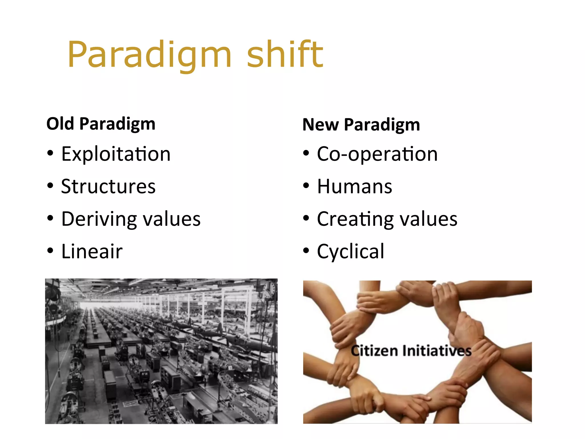 Old	Paradigm		
•  Exploita@on	
•  Structures	
•  Deriving	values	
•  Lineair	
New	Paradigm	
•  Co-opera@on	
•  Humans	
•  Crea@ng	values	
•  Cyclical	
Paradigm shift
 