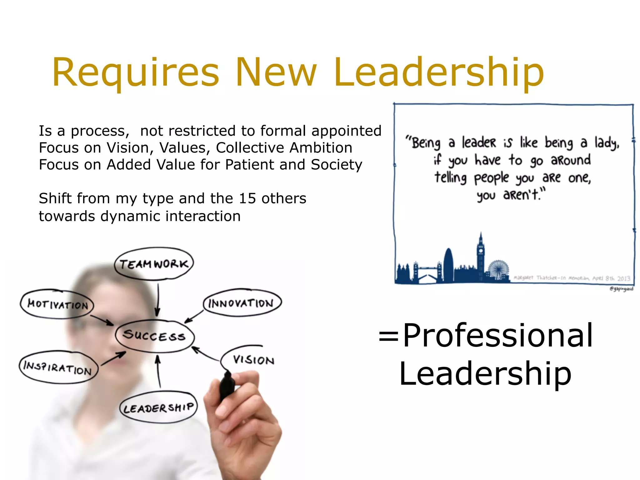Requires New Leadership
Is a process, not restricted to formal appointed
Focus on Vision, Values, Collective Ambition
Focus on Added Value for Patient and Society
Shift from my type and the 15 others
towards dynamic interaction
=Professional
Leadership
 