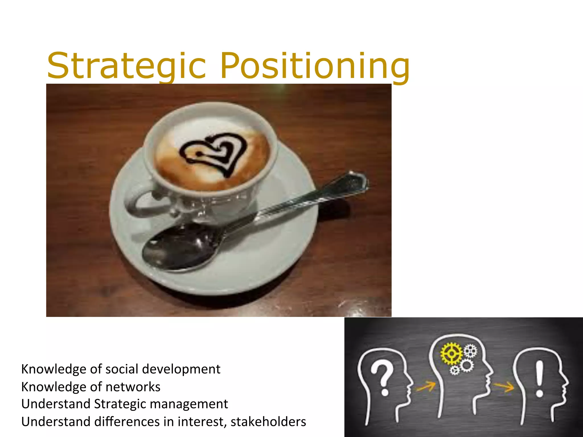 Strategic Positioning
	
Knowledge	of	social	development	
Knowledge	of	networks	
Understand	Strategic	management	
Understand	diﬀerences	in	interest,	stakeholders	
 