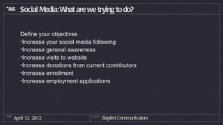 Social Media: W are we trying to do?
                         hat


          Define your objectives
          •Increase your social media following
          •Increase general awareness
          •Increase visits to website
          •Increase donations from current contributors
          •Increase enrollment
          •Increase employment applications




DATE
       April 12, 2012                CLIENT
                                              Baptist Communicators
 