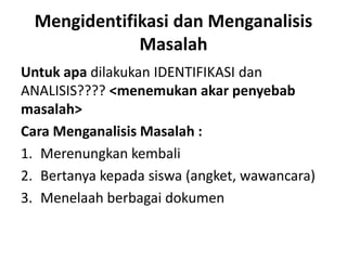 Untuk apa dilakukan IDENTIFIKASI dan
ANALISIS???? <menemukan akar penyebab
masalah>
Cara Menganalisis Masalah :
1. Merenungkan kembali
2. Bertanya kepada siswa (angket, wawancara)
3. Menelaah berbagai dokumen
Mengidentifikasi dan Menganalisis
Masalah
 