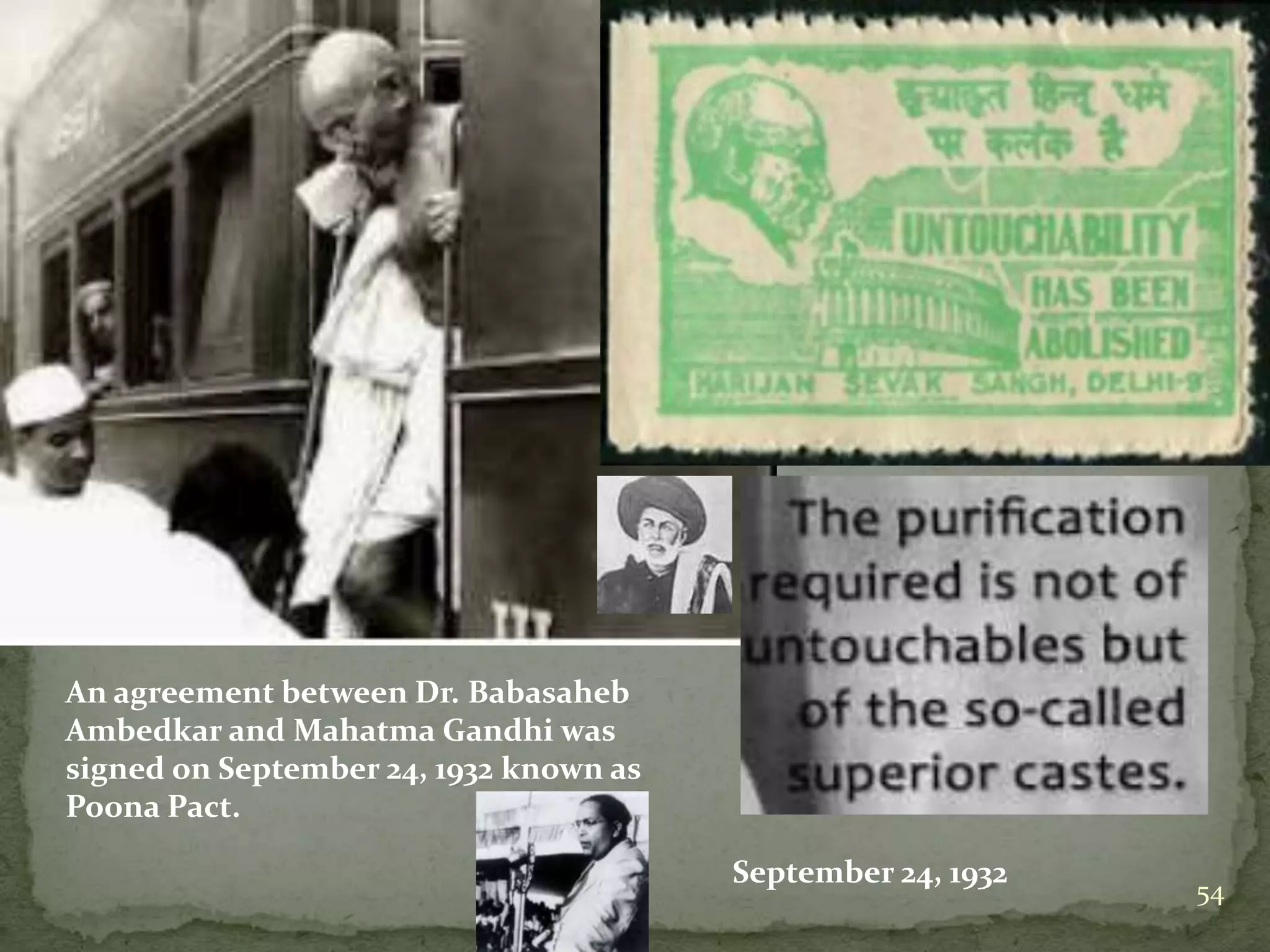 September 24, 1932
An agreement between Dr. Babasaheb
Ambedkar and Mahatma Gandhi was
signed on September 24, 1932 known as
Poona Pact.
54
 