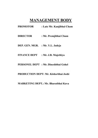 MANAGEMENT BODY
PROMOTOR : Late Mr. Kanjibhai Cham
DIRECTOR : Mr. Premjibhai Cham
DEP. GEN. MGR. : Mr. Y.L. Jadeja
FINANCE DEPT : Mr. J.B. Majethiya
PERSONEL DEPT : Mr. Dineshbhai Gohel
PRODUCTION DEPT: Mr. Kishorbhai Joshi
MARKETING DEPT.: Mr. Bharatbhai Kava
 