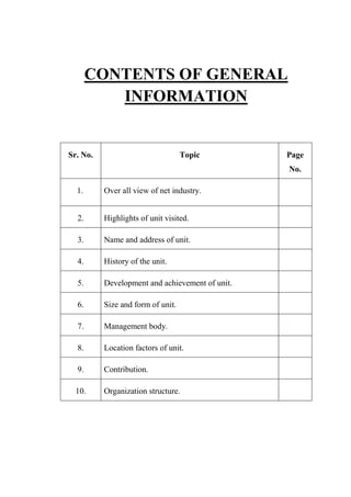 CONTENTS OF GENERAL
INFORMATION
Sr. No. Topic Page
No.
1. Over all view of net industry.
2. Highlights of unit visited.
3. Name and address of unit.
4. History of the unit.
5. Development and achievement of unit.
6. Size and form of unit.
7. Management body.
8. Location factors of unit.
9. Contribution.
10. Organization structure.
 
