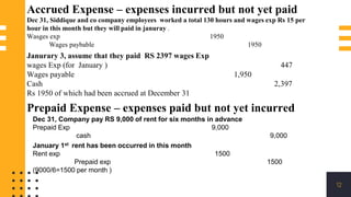 12
Prepaid Expense – expenses paid but not yet incurred
Accrued Expense – expenses incurred but not yet paid
Dec 31, Siddique and co company employees worked a total 130 hours and wages exp Rs 15 per
hour in this month but they will paid in januray .
Wasges exp 1950
Wages paybable 1950
Janurary 3, assume that they paid RS 2397 wages Exp
wages Exp (for January ) 447
Wages payable 1,950
Cash 2,397
Rs 1950 of which had been accrued at December 31
Dec 31, Company pay RS 9,000 of rent for six months in advance
Prepaid Exp 9,000
cash 9,000
January 1st rent has been occurred in this month
Rent exp 1500
Prepaid exp 1500
(9000/6=1500 per month )
 