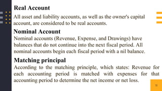 18
All asset and liability accounts, as well as the owner's capital
account, are considered to be real accounts.
Nominal accounts (Revenue, Expense, and Drawings) have
balances that do not continue into the next fiscal period. All
nominal accounts begin each fiscal period with a nil balance.
According to the matching principle, which states: Revenue for
each accounting period is matched with expenses for that
accounting period to determine the net income or net loss.
Real Account
Nominal Account
Matching principal
 
