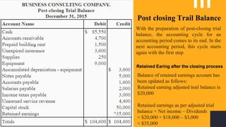 I am Jayden Smith
I am here because I love to give
presentations.
You can find me at @username
20
Balance of retained earnings account has
been updated as follows:
Retained earning adjusted trail balance is
$20,000
Retained earnings as per adjusted trial
balance + Net income – Dividends
= $20,000 + $18,000 – $3,000
= $35,000
With the preparation of post-closing trial
balance, the accounting cycle for an
accounting period comes to its end. In the
next accounting period, this cycle starts
again with the first step
Post closing Trail Balance
Retained Earing after the closing process
 