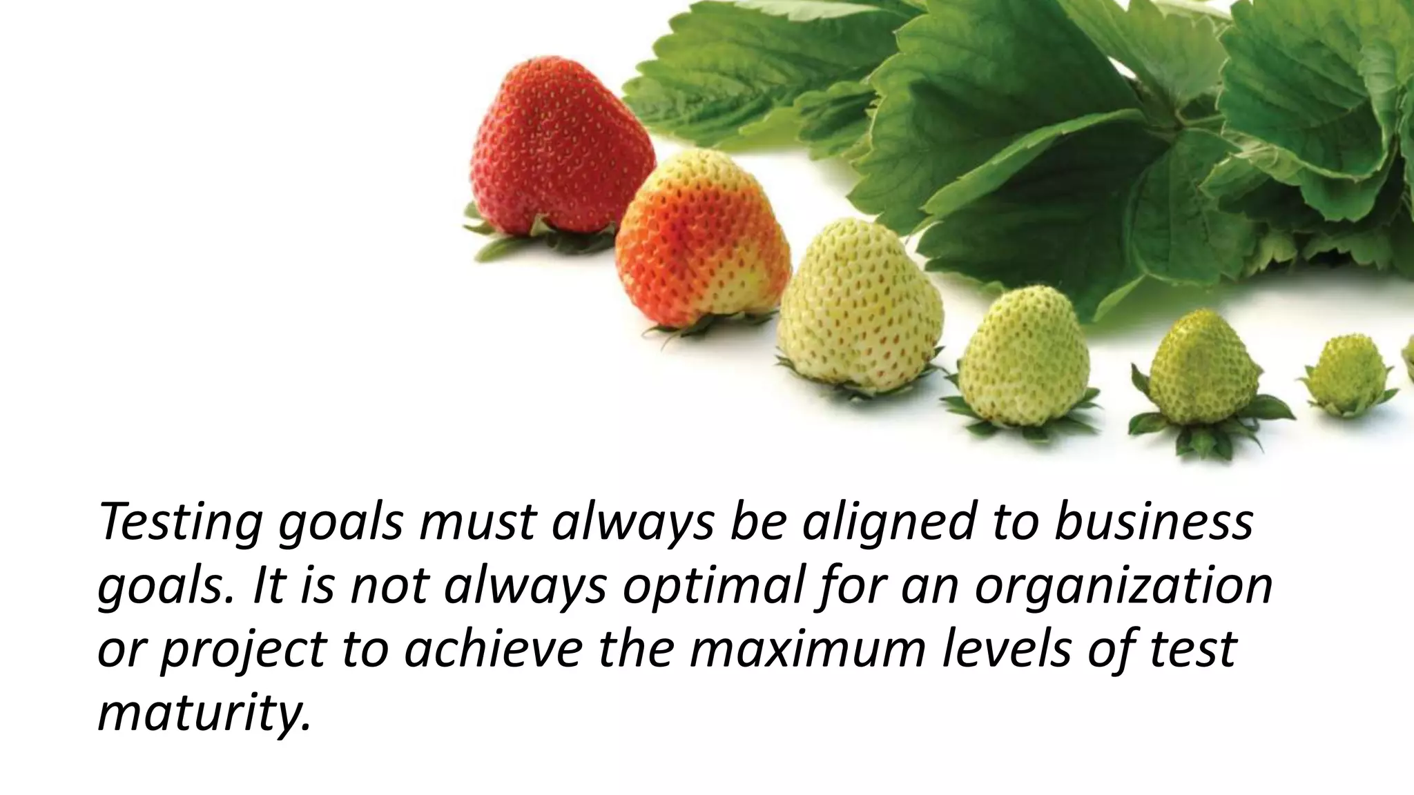 Testing goals must always be aligned to business
goals. It is not always optimal for an organization
or project to achieve the maximum levels of test
maturity.
 