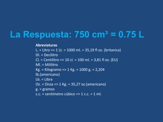La Respuesta: 750 cm³ = 0.75 L
     Abreviaturas
     L. = Litro => 1 Lt. = 1000 ml. = 35,19 fl oz. (britanica)
     Dl. = Decilitro
     Cl. = Centilitro => 10 cl. = 100 ml. = 3,81 fl oz. (EU)
     Ml. = Mililitro
     Kg. = Kilogramo => 1 Kg. = 1000 g. = 2,204
     lb.(americano)
     Lb. = Libra
     Oz. = Onza => 1 Kg. = 35,27 oz.(americano)
     g. = gramos
     c.c. = centímetro cúbico => 1 c.c. = 1 ml.
 