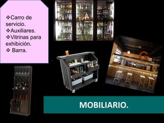 BARRA DE BAR.
Un bar se integra principalmente
de mostradores; el mostrador
frontal (barra), sobre el que se
sirven las be...