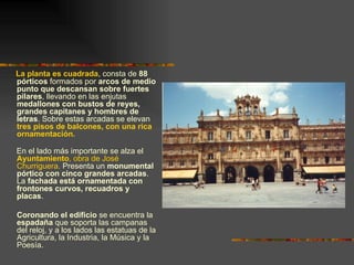 La planta es cuadrada, consta de 88
pórticos formados por arcos de medio
punto que descansan sobre fuertes
pilares, llevando en las enjutas
medallones con bustos de reyes,
grandes capitanes y hombres de
letras. Sobre estas arcadas se elevan
tres pisos de balcones, con una rica
ornamentación.

En el lado más importante se alza el
Ayuntamiento, obra de José
Churriguera. Presenta un monumental
pórtico con cinco grandes arcadas.
La fachada está ornamentada con
frontones curvos, recuadros y
placas.

Coronando el edificio se encuentra la
espadaña que soporta las campanas
del reloj, y a los lados las estatuas de la
Agricultura, la Industria, la Música y la
Poesía.
 