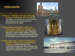 EVOLUCIÓN:


1ª etapa (h. mediados del siglo XVII): los
      inicios. La influencia de Herrera (El
      Escorial) y la transición a los nuevos
      planteamientos arquitectónicos
      procedentes de Italia.

2ª etapa (último tercio del s. XVII y 1er.
      Tercio del s. XVIII): La plenitud. Los
      hermanos Churriguera, los Figueroa,
      Narciso Tomé, Pedro Ribera, Galicia.
      Desarrollo de un lenguaje decorativista;
      la arquitectura se hace más dinámica.

3ª etapa (resto del s. XVIII): Continuidad y
      cambio. El Rococó. La Arquitectura
      Palaciega (desarrollo del arte
      cortesano) presenta claras influencias
      francesas e italianas, por el cambio de
      dinastía reinante los Borbones.
 