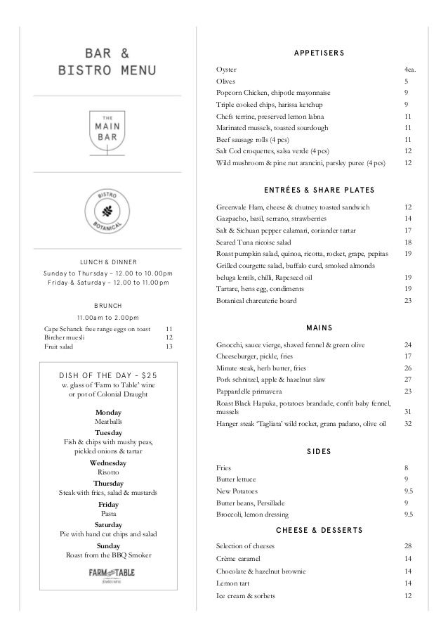 Bar & Bistro Menu The Botanical