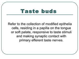 Taste buds
Refer to the collection of modified epithelia
cells, residing in a papilla on the tongue
or soft palate, responsive to taste stimuli
and making synaptic contact with
primary efferent taste nerves.
 