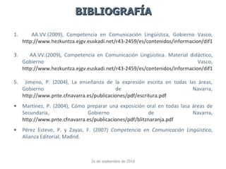 BIBLIOGRAFÍA 16 de septiembre de 2010 <ul><li>AA.VV.(2009), Competencia en Comunicación Lingüística, Gobierno Vasco,  http...